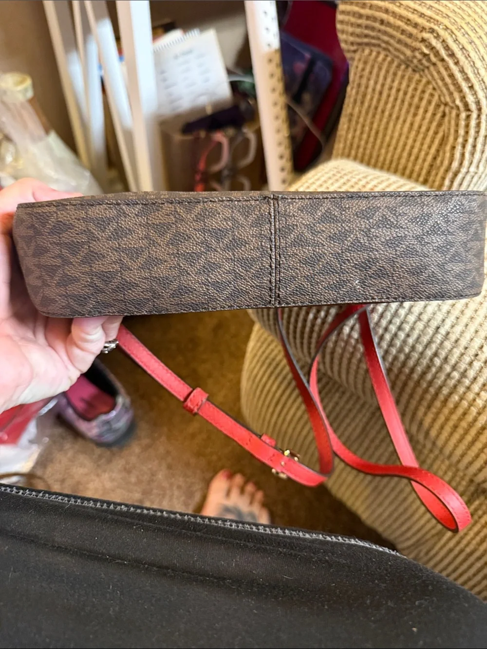Michael Kors Brown Logo Crossbody with Red Trim and Gold Chain